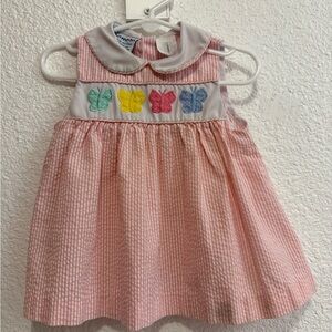 Pink Seersucker Dress with Butterfly Embroidery